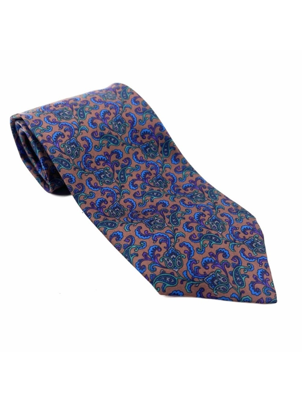 Vintage Ted Lapidus Brown Blue Green Floral 100% Silk Mens Designer Neck Tie